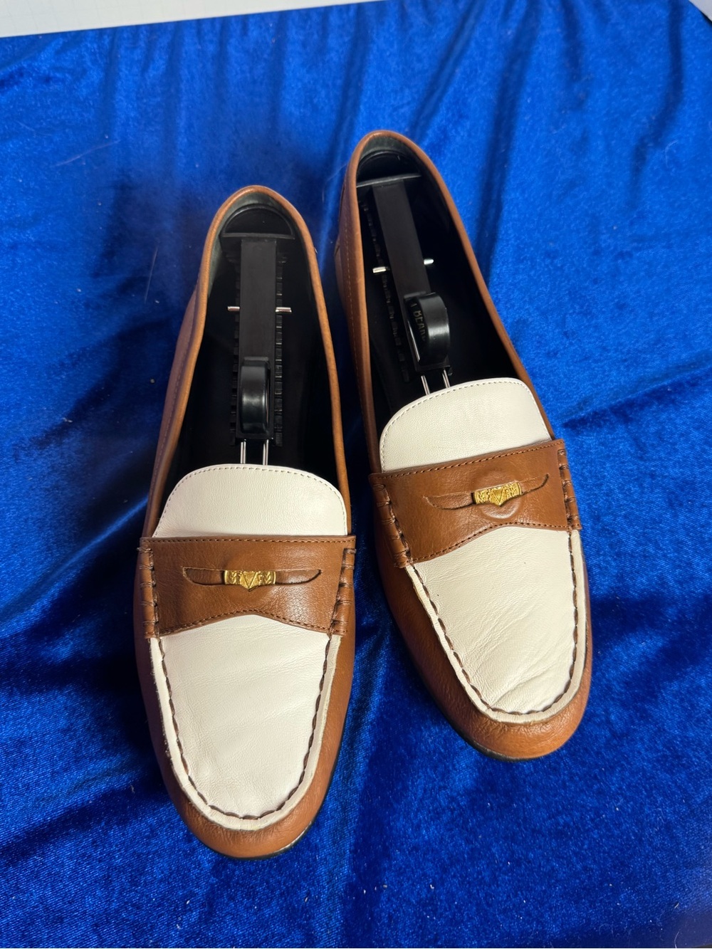 Veronica Beard Two-Tone Brown and White Womens  Leather Penny Loafers
